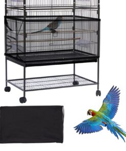 Daoeny Large Bird Cage Cover, Bird Cage Seed Catcher, Adjustable Soft Airy Nylon Mesh Net, Birdcage Cover Skirt Seed Guard for Parrot Parakeet Macaw African Round Square Cages (Black)