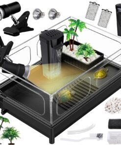 MoonOrange Small Turtle Tank Kit, Acrylic Turtle Tank Starter Kit with Basking Platform, Bottom Drainage, Multi-Function Areas for Turtles, Crabs, Crayfish, Small Reptiles. (Black Kit)